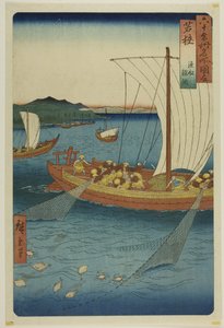 Provincie Wakasa: Vissersboot met netten voor platvis (Wakasa, gyosen karei ami), uit de serie "Beroemde plaatsen in de zestig provincies (Rokujuyoshu meisho zue)". door Utagawa Hiroshige