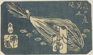 Warbler Houtsnijwerk en Kokkels van Kameido, sectie van een blad uit de serie "Uitknipsels van Beroemde Plaatsen in Edo" door Utagawa Hiroshige