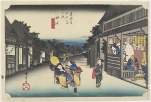 Vrouwen die reizigers benaderen, Goyu, c. 1833