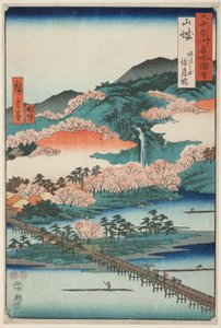 Provincie Yamashiro: De Togetsu-brug in de berg Arashi (Yamashiro, Arashiyama Togetsukyo), uit de serie "Beroemde plaatsen in de zestig provincies (Rokujuyoshu meisho zue)". door Utagawa Hiroshige