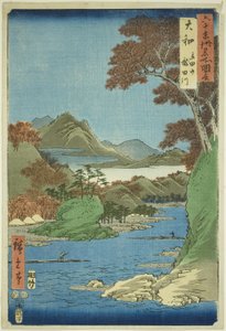 Yamato Provincie: Tatsuta-berg en Tatsuta-rivier (Yamato, Tatsutayama, Tatsutagawa), uit de serie "Beroemde plaatsen in de zestig-odd provincies (Rokujuyoshu meisho zue)"