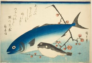 Geelstaart, kogelvis en pruimentak door Utagawa Hiroshige