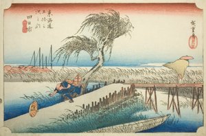 Yokkaichi: Mie Rivier (Yokkaichi, Miegawa), uit de serie "Drieënvijftig Stations van de Tokaido (Tokaido gojusan tsugi no uchi)," ook bekend als de Hoeido Tokaido door Utagawa Hiroshige