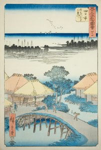 Yokkaichi: Nako Baai en de Mie Rivier (Yokkaichi, Nako no ura Miekawa), nr. 44 uit de serie "Beroemde Bezienswaardigheden van de Drieënvijftig Stations (Gojusan tsugi meisho zue)," ook bekend als de Verticale Tokaido door Utagawa Hiroshige