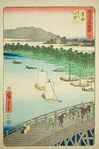 Yoshida: Grote Brug over de Toyo Rivier (Yoshida, Toyokawa ohashi), nr. 35 uit de serie "Beroemde Bezienswaardigheden van de Drieënvijftig Stations (Gojusan tsugi meisho zue)," ook bekend als de Verticale Tokaido door Utagawa Hiroshige