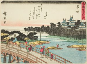 Yoshida, uit de serie "Drieënvijftig Stations van de Tokaido (Tokaido gojusan tsugi)," ook bekend als de Tokaido met Gedicht (Kyoka iri Tokaido) door Utagawa Hiroshige