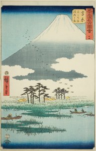 Yoshiwara: Fuji-moeras en Ukishima-vlakte (Yoshiwara, Fuji no numa ukishima ga hara), nr. 15 uit de serie "Beroemde bezienswaardigheden van de drieënvijftig stations (Gojusan tsugi meisho zue)," ook bekend als de Verticale Tokaido