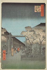 Yoshiwara Licensed Quarters at Dawn (Kakuchu shinonome), nr.38 uit de serie "One Hundred Famous Views of Edo (Meisho Edo hyakkei)". door Utagawa Hiroshige