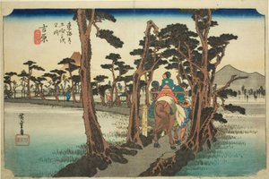 Yoshiwara: Mount Fuji aan de linkerkant (Yoshiwara, hidari Fuji), uit de serie "Drieënvijftig stations van de Tokaido-weg (Tokaido gojusan tsugi no uchi)," ook bekend als de Hoeido Tokaido door Utagawa Hiroshige