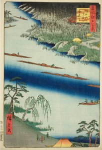 Zenkoji-tempel en de veerboot bij Kawaguchi (Kawaguchi no watashi Zenkoji), uit de serie "Honderd beroemde zichten van Edo (Meisho Edo hyakkei)" door Utagawa Hiroshige