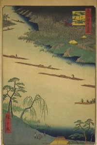 Zenkoji Tempel en de Veerboot bij Kawaguchi (Kawaguchi no watashi Zenkoji), uit de serie "Honderd Beroemde Uitzichten van Edo (Meisho Edo hyakkei)" door Utagawa Hiroshige