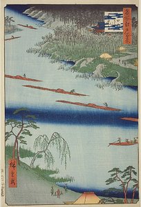 Zenkoji Tempel en de Veerboot bij Kawaguchi (Kawaguchi no watashi Zenkoji) met donkerblauwe streep, nr.20 uit de serie "Honderd beroemde gezichten op Edo (Meisho Edo hyakkei)". door Utagawa Hiroshige