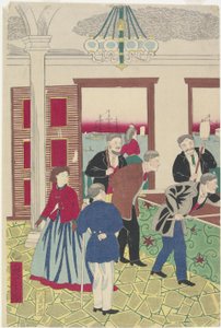 Buitenlanders bij een biljartspel, eind 19e eeuw door Utagawa Hiroshige III