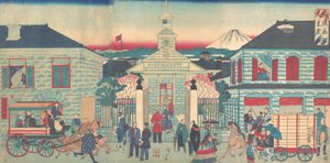 Illustratie van Buitenlandse Residenties en de Katholieke Kerk in Yokohama, 10e maand, 1870 door Utagawa Hiroshige III
