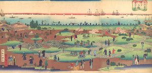 Illustratie van de voortuin van het Tsukiji Hotel in de oostelijke hoofdstad Toto..., ca. 1868-72