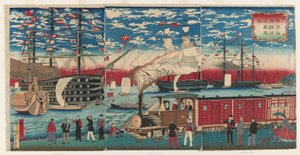 Afbeelding van een locomotief langs de waterkant van Yokohama, Yokohama, Edo periode door Utagawa Hiroshige III