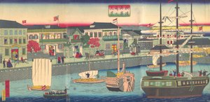 Uitzicht op de Zeekant in Yokohama, 5e maand, 1870 door Utagawa Hiroshige III
