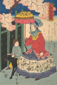 Franse vrouw, haar kind en huisdier hond, 10e maand, 1860 door Utagawa Hiroshige II