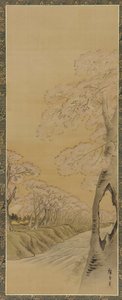 Landschap: bloeiende kersenbomen langs de oevers van een stroom, Edo-periode, 1615-1868 door Utagawa Hiroshige II