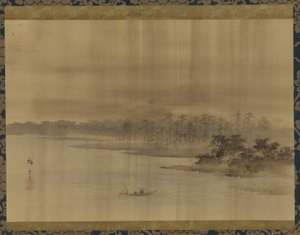 Rivierlandschap en tempel in de regen door Utagawa Hiroshige II