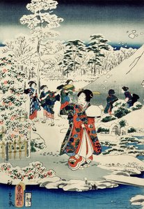 Dienstmeisjes in een besneeuwde tuin door Utagawa and Hiroshige II Utagawa Kunisada