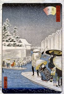 Boten onder de sneeuw, Japan - Hiroshige prent door Utagawa II Hiroshige