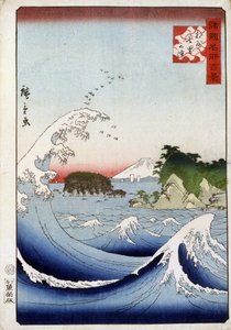 Mount Fuji achter de onrustige zee - Japanse prent door Hiroshige