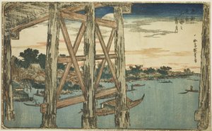 Schemermaan bij de Ryogoku Brug (Ryogoku no yoizuki) door Utagawa I Hiroshige