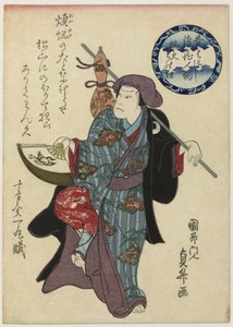 Wankyû met waaier en kalebas Mukashibanashi Naniwa jimbutsu Wankyû monokyô (titel op object) De legende van de vreemde man Wankyû uit Ôsaka