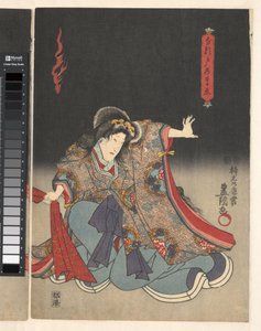 Acteur als vrouw trekkend aan rode doek door Utagawa Kunisada (I)