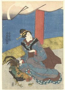 Schoonheden bij een hanengevecht door Utagawa Kunisada (I)