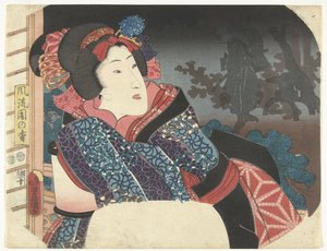 Vrouw bedekt lantaarn met kimono, Selectie van elegante tuinen door Utagawa Kunisada (I)