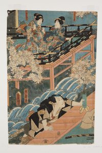 Acteurs die Ob?kichisa Koshi-moto Kogiku, D?kiki Yau en Yakko Shinpei spelen (Koshi-moto Kogiku, D?kiki Yau, Yakko Shinpei) door Utagawa Kunisada