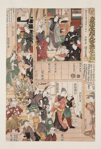 Achter de schermen bij de openingsvoorstelling van het seizoen van het Morita Theater (Morita-za kaomise gakuya no zu, sanmai tsuzuki) door Utagawa Kunisada