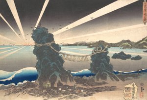 Futami-ga-ura rotsen bij Ise, Land van de Dageraad, ca. 1835 door Utagawa Kunisada