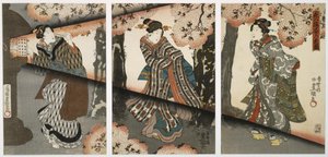 Nachtelijke scène met meisjes en lantaarns door Utagawa Kunisada