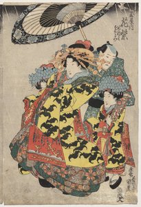 De courtisanes Hanamurasaki en Koshikibu van de Tamaya wandelen in de regen