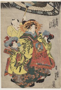 De courtisanes Hanamurasaki en Koshikibu van de Tamaya wandelen in de regen