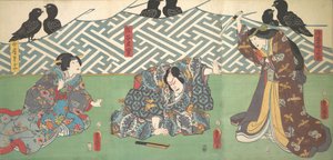 Drie acteurs op het podium: Kumagai Naozane, 1858 door Utagawa Kunisada