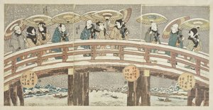 Wintertafereel met een veelbelovende processie van acteurs door Utagawa Kunisada