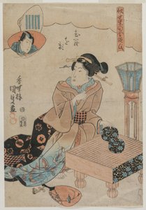 Vrouw die zich voorbereidt om Go te spelen door Utagawa Kunisada