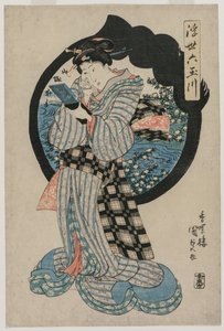 Vrouw met een handspiegel uit de serie De Zes Tama Rivieren van de Drijvende Wereld, ca. begin jaren 1830 door Utagawa Kunisada