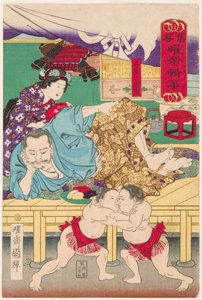 Gevecht van twee sumokinderen voor Tachibana Muneshige door Utagawa Kuniteru