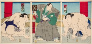 Gevecht van de sumoworstelaars Shakaigawa en Ayasemawa door Utagawa Kuniteru