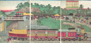 Illustratie van een stoomlocomotief die rijdt op de Takanawa-spoorweg in Tokio, ca. 1873 door Utagawa Kuniteru