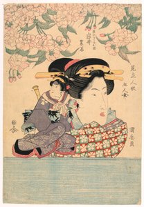 Pentaptychon: Vijf meisjes met theaterpoppen door Utagawa Kuniyasu