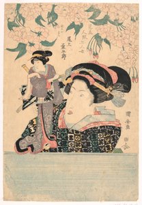 Pentaptychon: Vijf meisjes met theaterpoppen door Utagawa Kuniyasu