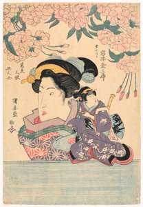 Pentaptychon: Vijf meisjes met theaterpoppen door Utagawa Kuniyasu