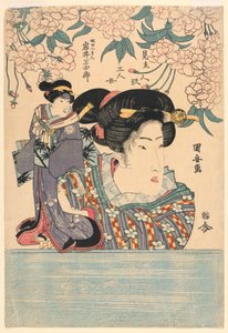 Pentaptychon: Vijf meisjes met theaterpoppen door Utagawa Kuniyasu