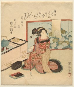 Vrouw wachtend leunend op pijp door Utagawa Kuniyasu